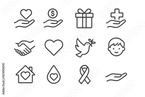 Charity gift donation icons set. Education healthcare symbols. Hand giving present, care box, heart, school, medical support. Outline linear signs for web, app, advertisement, card design concept.