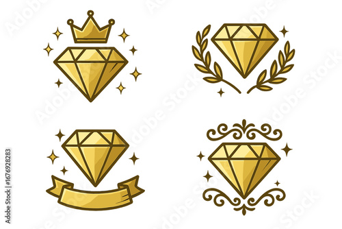 Golden diamond logo set. Luxury jewel icon collection. Premium quality symbol with crown, laurel wreath, banner, and elegant filigree. Royal jewelry emblem for success.