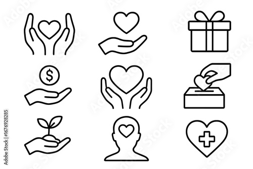 Charity and gift icon set outline. Education healthcare symbols. Stone cartoon linear signs. Donation helping hand, non-profit aid, volunteer support design for web apps cards vector illustration.