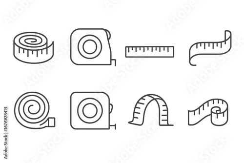 Measuring Tape Line Icons Set. Editable Thin Stroke Vector Illustration of Ruler, Tape Measure, Flexible Measuring Tape. Perfect Outline Clipart for Web, Apps, Print, Design Projects