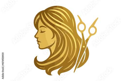 Golden woman silhouette for hair salon logo. Luxury female profile with long hair and scissors icon. Glamour hairstylist, beauty spa, or hairdresser vector symbol design.