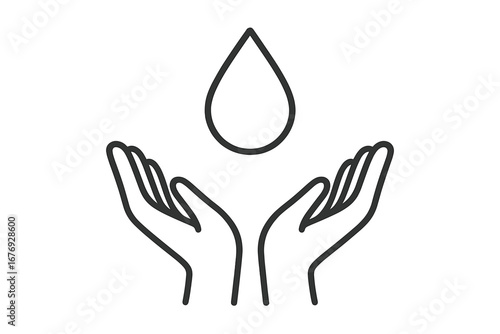 Minimal line icon water conservation, droplet above open hands, clean water protection, save water, sustainability, eco concept, hygiene, outline vector symbol for environment, charity, awareness