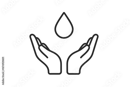 Water Conservation Line Icon. Save Water Symbol. Outline Vector of Hands Protecting Water Drop. Minimalistic Environmental Care Concept. Sustainable Resources, Freshwater, Purity, Eco-Friendly Graphic