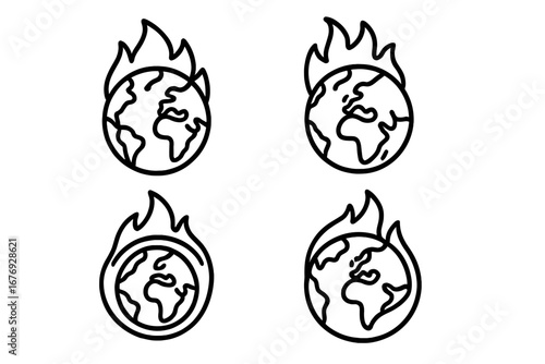 Burning Earth icons set. Global warming, climate emergency, planet on fire, environmental crisis, ecosystem disaster, natural hazard, pollution symbol, outline sign for web, apps, graphic design.