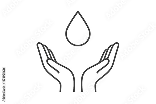 Minimal line art icon of hands holding water drop, save water concept, clean water conservation, eco friendly protection, sustainability, outline vector illustration for apps, web, design