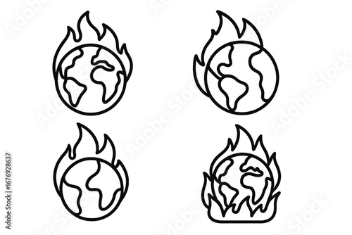 Planet Earth on Fire, Global Warming, Climate Change Crisis, Burning Globe, Environmental Disaster, Outline Vector Icons for Eco Awareness, Web Concepts, Apps, Advertisements, Graphic Design Elements