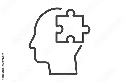 Psychology concept with head and puzzle piece. Mental health, memory loss, dementia, autism symbol. Mind, logic, and problem solving idea. Missing piece solution vector icon.