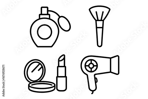 Minimalist line vector icons set of beauty essentials, perfume bottle, makeup brush, compact powder, lipstick, hair dryer, cosmetics tools for salon, fashion, spa, app, web, design