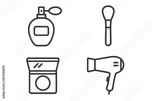 Minimalist Line Icons Set of Beauty Essentials. Perfume Bottle, Makeup Brush, Compact Powder Cosmetic, Hair Dryer. Modern Linear Vector for Branding, Apps, Blogs, Spa, Salon, Self-care Concepts