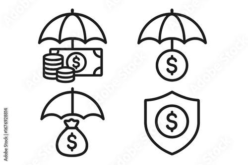 Money insurance line icon set. Financial protection outline symbols. Umbrella over money bag, coins, dollar sign, shield. Bank security graphic. Vector illustration for web, apps, finance ads