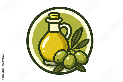 Olive oil logo design with bottle and olive branch. Vector cartoon illustration for food packaging or labels. Healthy cooking and mediterranean diet concept. Natural organic product icon.