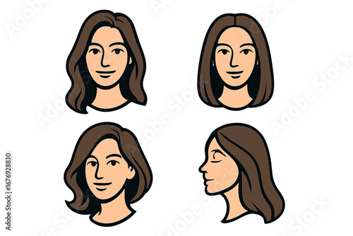 Woman head character creation set. Female face with different hairstyles. Girl portrait for avatar, logo or icon. Beauty salon concept. Vector cartoon illustration front and side view.