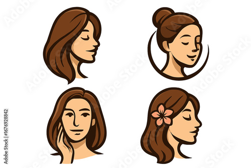 Woman face logo design set for beauty salon, spa. Vector collection of female head illustrations with elegant hairstyles for cosmetic, skincare, wellness branding and cosmetology.
