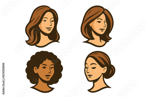 Set of female portraits for beauty salon logo. Vector woman face with various hairstyles. Collection of diverse characters for cosmetics, spa or fashion brand identity design.