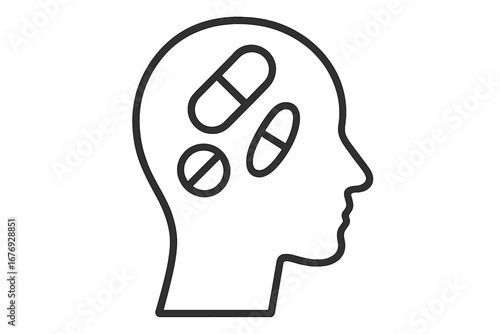 Pills in Head Mental Health Disorder Symbol. Linear Vector Sign for Medical Graphics, Psychiatric Designs, Educational Books, Adverts, Apps. Concept Mood Treatment Transparent Background