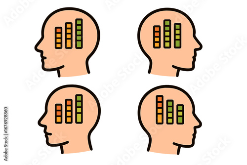 Human Head Silhouette with Brain Activity Bars, Psychological Levels, Mental Health Metaphor, Therapy Progress, Emotional Intelligence, Mind Status Vector Icon Set, Transparent Background