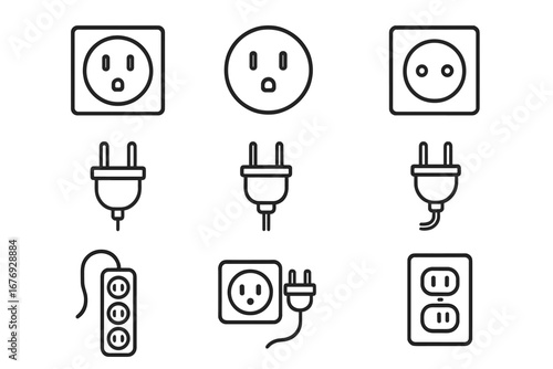 Electrical Outlet and Plug Line Icon Pack. Editable Stroke Minimalistic Linear Vector Set for Power Socket, Extension Cord, Adapter Plug. Modern Design Elements for Apps, UI, Cards, Posters