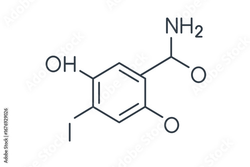 Molecular Structure of Chemical Compound. Vector Illustration of Aromatic Benzene Ring with Functional Groups. Thin Line Art for Science, Medicine, Pharmacology, Organic Chemistry, Education
