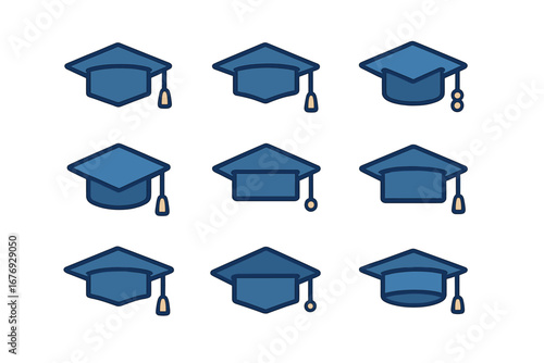 Minimalist Blue Graduation Cap Icons Set, Academic Achievement Symbols for Education, Diploma, Ceremony, Learning, University, School, Vector Cartoon Illustration