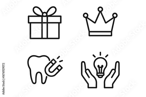 Vector line icon set with gift box, crown, dental magnet, and creative idea in hands. Concepts of presents, premium quality, attracting clients, and innovation for design.