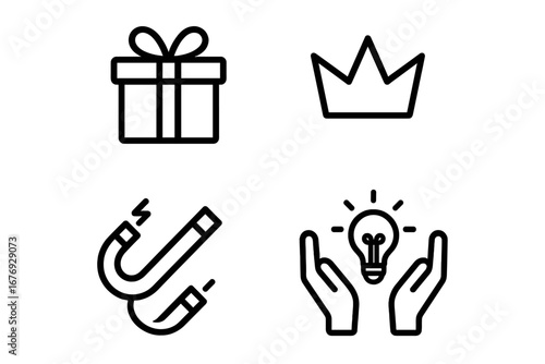 Set of outline icons for business and marketing. Includes gift, crown, magnet, and idea symbols. Vector graphic for concepts like premium quality, innovation, charity, and attraction.