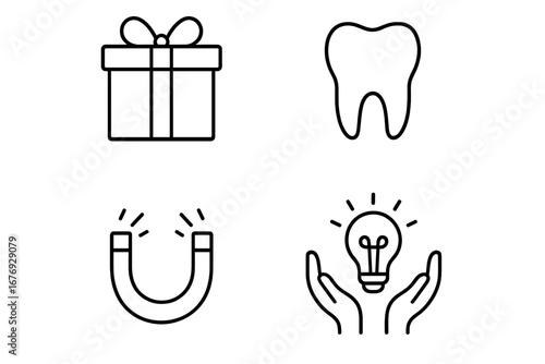 Universal line icon set for web and graphic design. Includes gift for present or charity, tooth for dental clinic, magnet for attraction, lightbulb in hands for new idea.