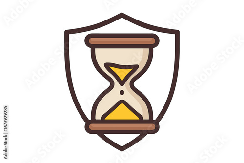 Hourglass in a shield icon. Time protection, security, and deadline concept. Sandglass timer logo for safety and long-term planning. Countdown, watch, guard symbol vector.