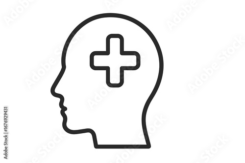 Mental health and positive thinking concept. Head silhouette with plus for medical mindset, psychology, and wellness. Healthcare and therapy icon. Adding knowledge. Vector logo