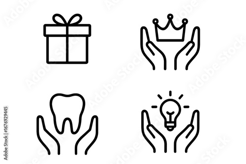 Charity and Gift Concept Icon Set with Hands Holding Crown, Tooth, Lightbulb, Present Box. Donation, Support, Innovation, Dental Care, Reward, Idea. Black Outline Vector Symbol Collection.