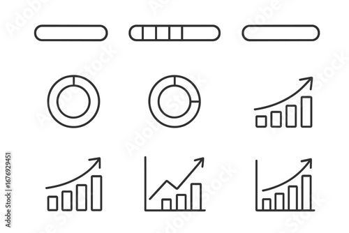 Minimalist Progress Bar Icons and Business Growth Analytics Graphs Set. Thin Line Editable Stroke. Finance Statistics Elements. Infographic, Digital Dashboard, Web App, Data Visualization Vector.
