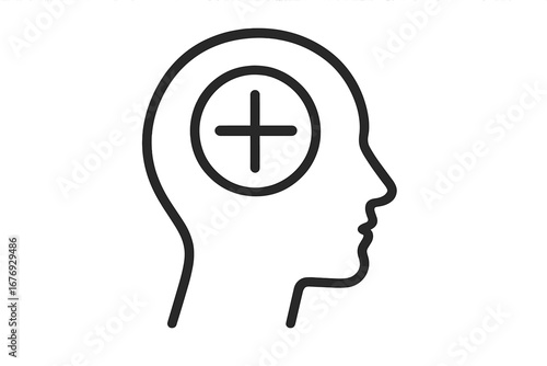 Positive mindset line icon. Head profile with plus symbol. Mental health, positive thinking, psychology concept. Add new idea, creativity, knowledge. Optimism, solution vector.