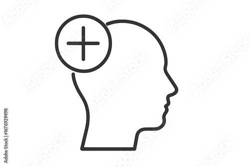 Human head silhouette with plus symbol. Concept of positive thinking, creativity, new ideas, mental health, knowledge, innovation, growth mindset, and personal development.