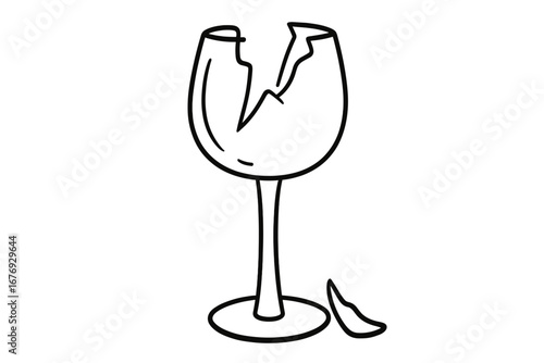 Broken wine glass icon symbol, shattered glass silhouette, vector cartoon illustration for graphics, apps, design, risk, fragility concept, transparent background