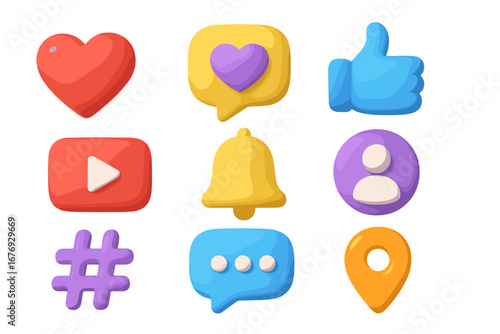 Social media 3d icons collection. Vector cartoon symbols. Like, love, comment, message, notification, bell, hashtag, user profile, play button, location pin for web.