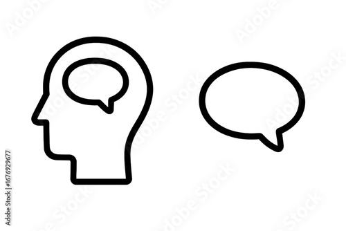 Human head silhouette with speech bubble icon. Concept of thinking, inner voice, opinion, idea, psychology, internal dialogue, monologue, communication and brainstorming.