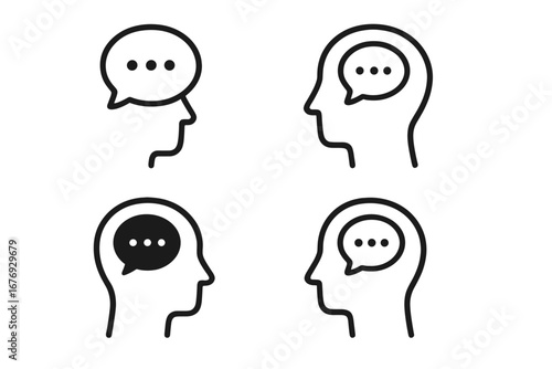 Head with speech bubble icon set. Human profile thinking and speaking. Communication, dialogue, idea, opinion concept. Psychology, inner voice, mental process metaphor. Line art vector.