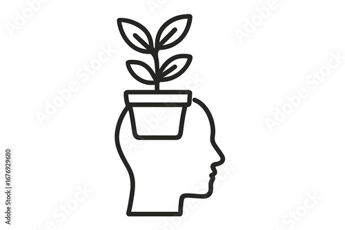Growth mindset metaphor. Personal development and self improvement concept. Head with plant growing inside. Psychology, mental health, learning, new ideas, creativity vector icon.