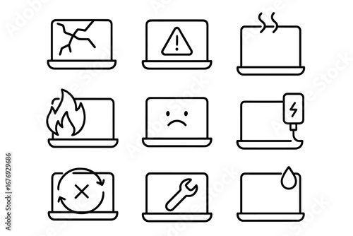Broken Laptop Icon Set. Computer Repair Symbols. Device Damage Outline Signs. Overheating, Water Damage, Fire, Battery, Error, Screen Crack, Maintenance, Troubleshooting Vector Illustration