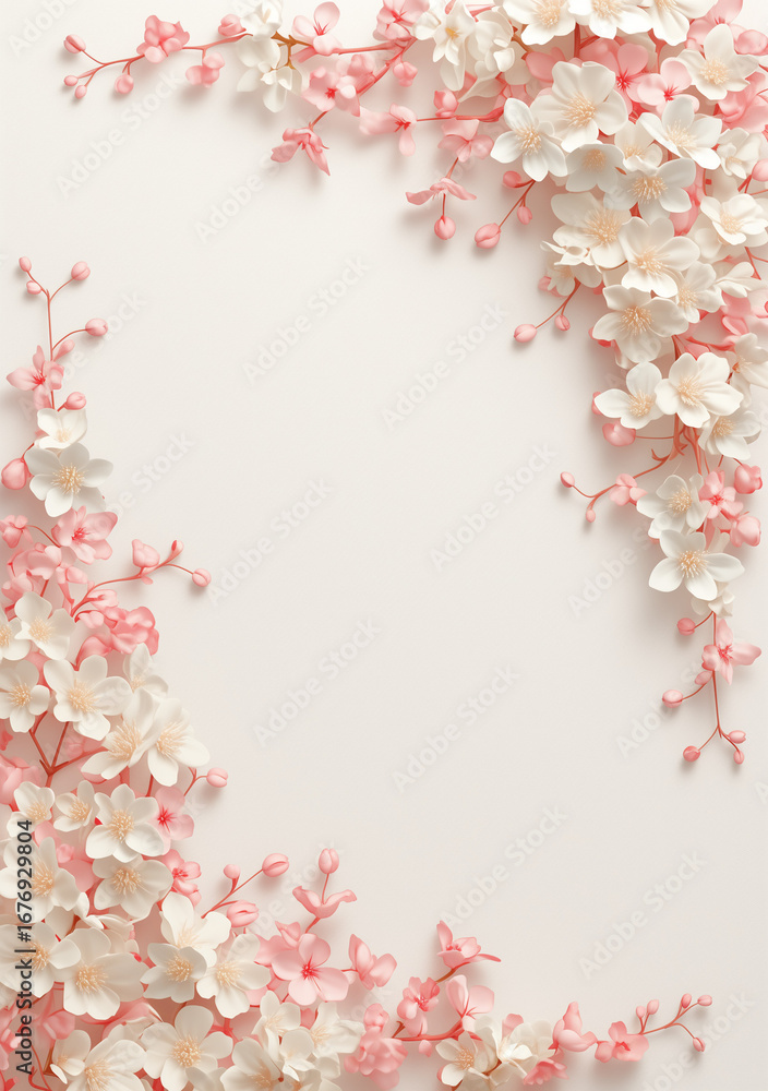 Fototapeta premium White Flowers and Green Leaves on Pink Surface