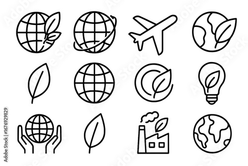 Eco friendly global icons set. Environmental line icons with globe, leaf, airplane, industry, sustainability, green planet outline. Clean energy, eco technology, earth care vector illustration