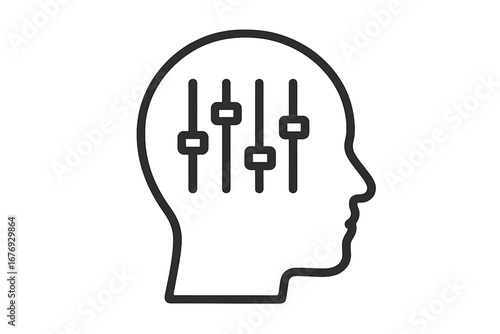 Mind control panel concept. Head with equalizer sliders. Psychology, mental health, mood regulation, personality settings. Vector icon for self-awareness and mindset balance.