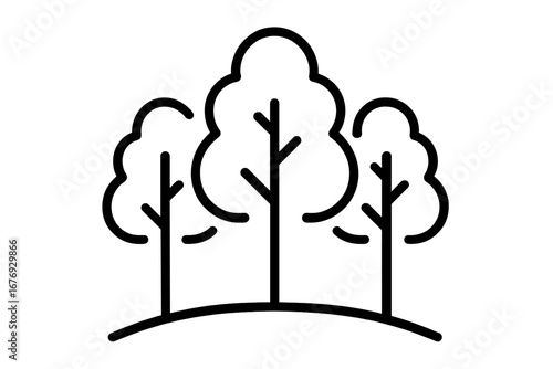 Line art vector illustration of stylized trees in forest, simple outline design for graphic design, web sites, cards, books, articles, nature ecology concept, black and white