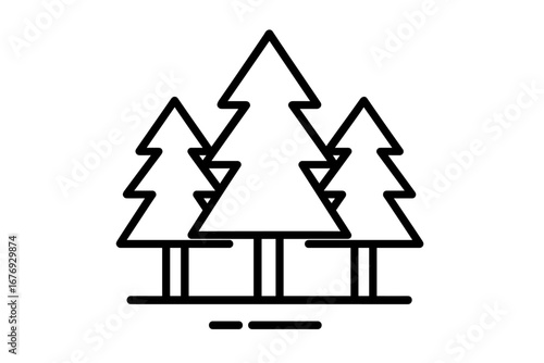 Vector line icon of stylized pine trees in a forest, minimalist nature illustration for graphic design, websites, cards, books, and articles with transparent background, set of evergreen trees