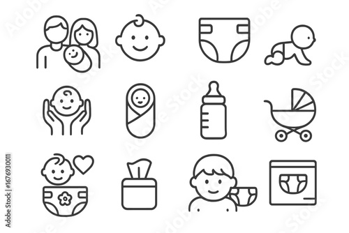 Family and Baby Care Diaper Icons Set. Parent, infant, crawling, swaddling, bottle feeding, pram, wipes, love, potty training, hygiene. Outline symbols for web, app, advertising, cards, vector