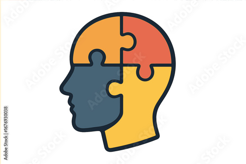 Human head profile with puzzle pieces. Metaphor for psychology, mental health, autism, and creative thinking. Jigsaw brain for problem-solving, logic, and finding solutions.