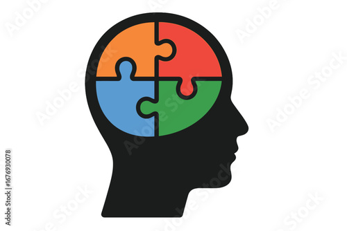 Metaphor of psychology, mental health, autism. Head with puzzle pieces. Symbol of logic, problem solving, thoughts, mind, creativity. Jigsaw in human profile for therapy idea.