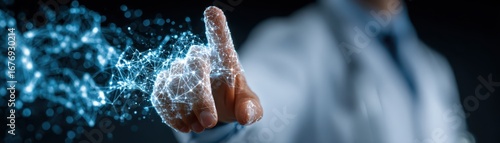 Fingerprint analysis, person in white coat examines biometric data on transparent surface