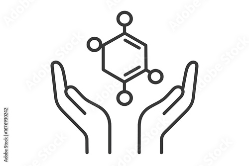 Science protection icon. Caring hands holding benzene molecule. Chemistry safety concept. Minimalistic thin linear outline. Biotechnology, lab, innovation, medical, healthcare vector illustration