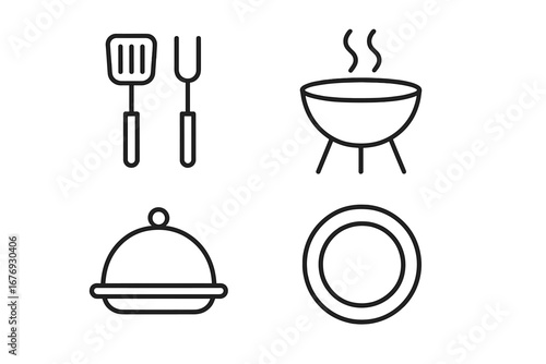 Modern linear cooking icon set. BBQ grill, spatula, fork, serving dome, plate. Kitchen utensil outline collection for restaurant, grilling, barbecue, culinary apps, food concepts, clean vector design