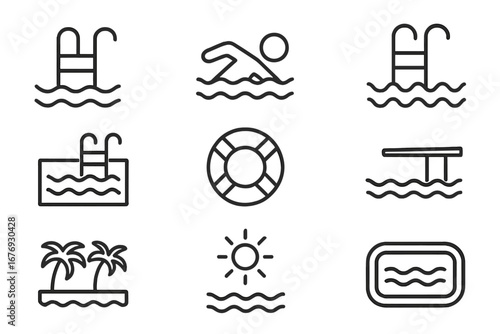 Minimalist Swimming Pool Line Icon Pack. Linear Pool Pictograms for App, Web, Banner, Social Media, UI Design. Contemporary Vector Cartoon Symbols for Summer Leisure, Fitness, Recreation Concepts